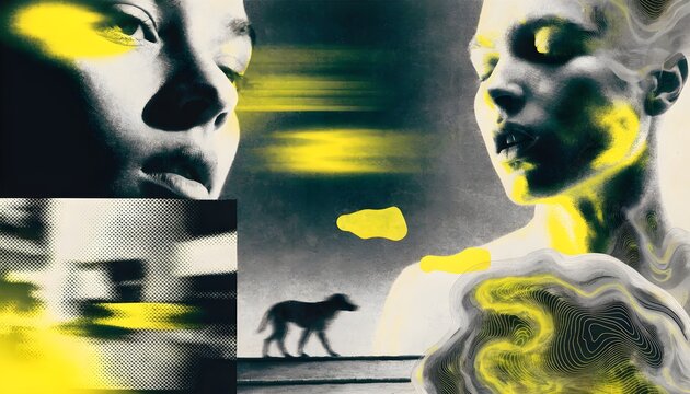 Surreal double exposure artistic collage with human faces and animal silhouette in yellow and black portrait silhouette artistic abstract conceptual exposure composition creative illustration