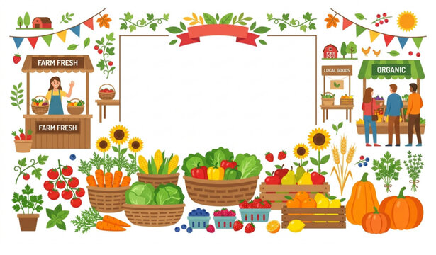 Modern Farmers Market Event Poster with Fresh Produce and Harvest Elements Vector