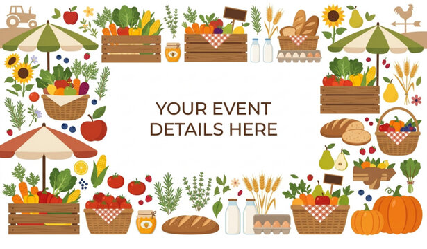 Fresh Farmers Market Poster Template with Organic Produce Border Flat Vector Illustration