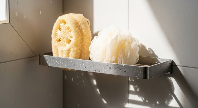 Metal shower shelf with natural sponge and luffa under sunlight.