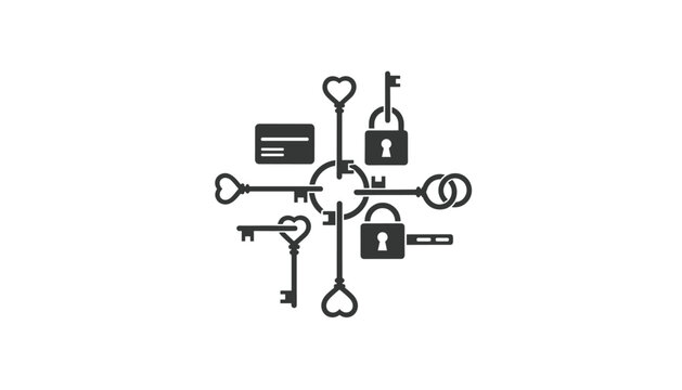 Radial security concept layout displays key and lock icons connected to a central ring in black outline.