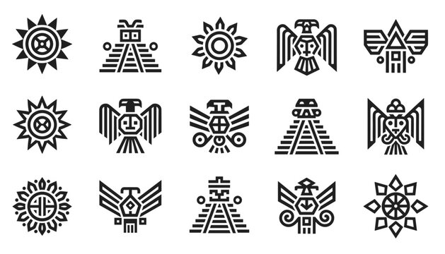 Tribal Aztec design icons display geometric step pyramids sacred sun symbols and abstract eagles in bold black.