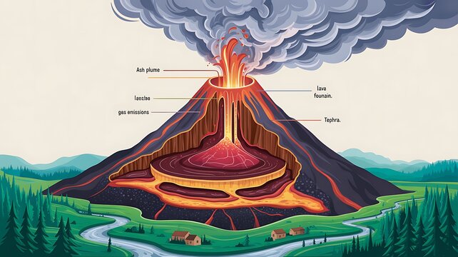 Educational diagram showing a cross section of a volcano