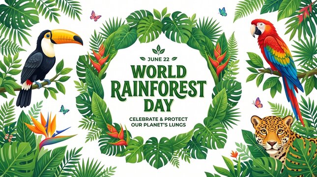 World Rainforest Day vector illustration with tropical jungle wildlife, toucan bird, parrot, leopard, rainforest foliage and environmental conservation ... 