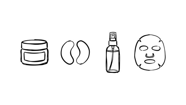 Cream jar, beans, bottle, and face mask in rough line doodle
