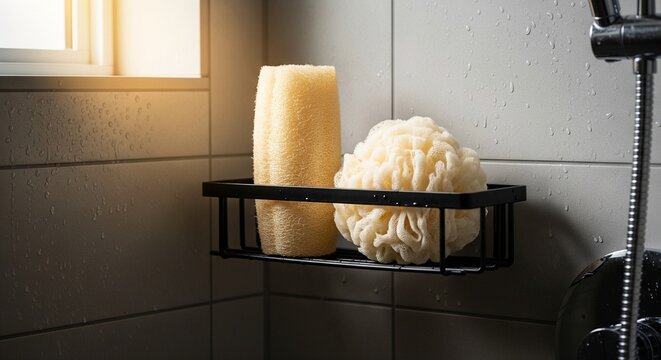 Bathroom wire shelf with natural luffa and bath sponge.