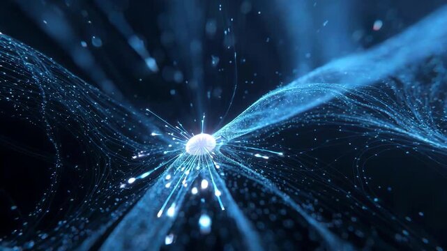 Bright neural node with flowing light strands shown in digital style on dark background, concept of connectivity and data flow