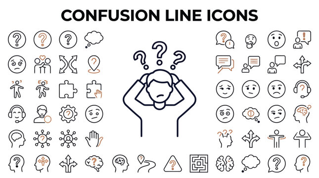 Set of confusion line icons vector illustration of feeling lost and puzzled
