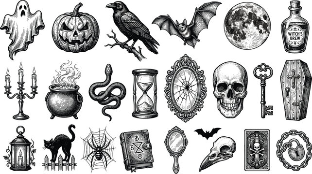 Vintage Gothic Halloween and Witchcraft Engraving Vector Illustration Set with Ghost Pumpkin Jack O Lantern Skull Cauldron Black Cat Raven Bat and Coffin Elements