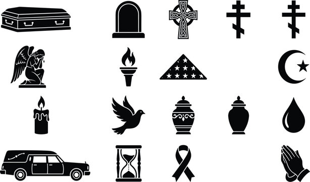 Religious Funeral and Memorial Service Silhouette Vector Icon Set with Coffin, Crosses, Crescent Moon Star, Crying Angel, Hearse Car, Praying Hands, and Eternal Torch Symbols