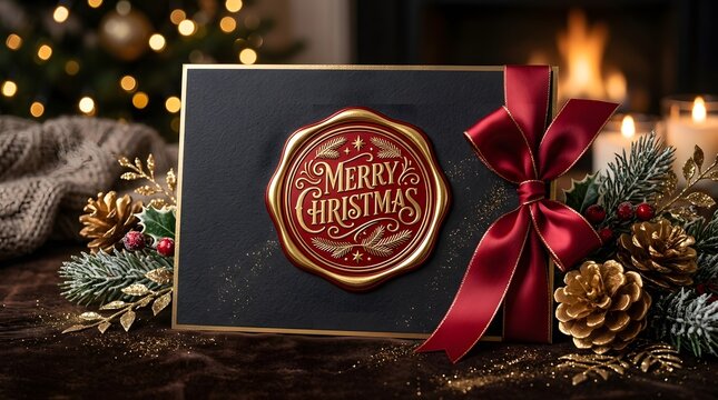 Black gift box with merry christmas gold seal and red bow in a cozy holiday room