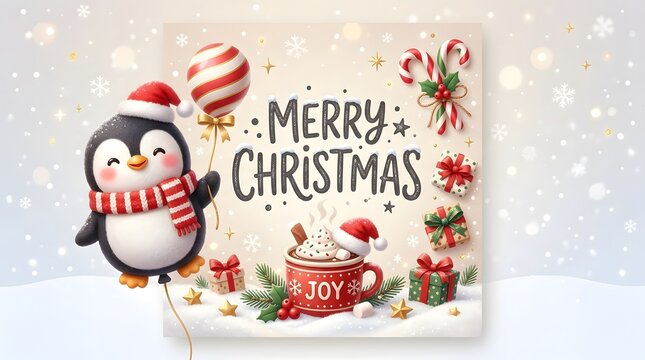 Cute penguin wearing a hat and scarf with merry christmas greeting and winter gifts
