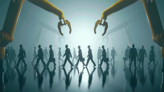 Futuristic factory scene with robotic arms selecting humanoid figures walking on reflective surface symbolizing automation and artificial intelligence workforce