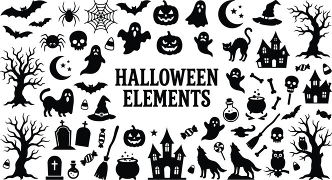 Collection of black silhouette for halloween featuring pumpkins ghosts bats spiders skulls haunted houses trees witches hats cauldrons candy and gravestones on a white background