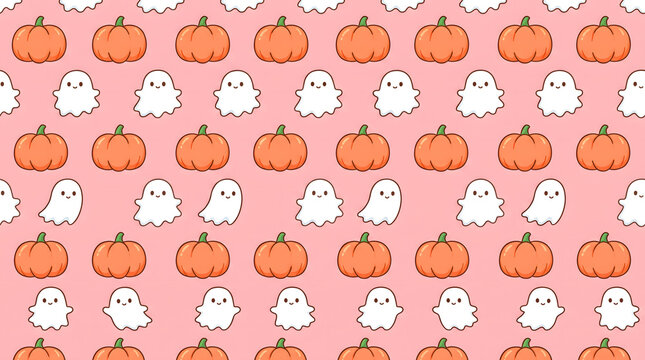 Halloween pattern with cute cartoon pumpkins and ghosts on pink background for decoration and design