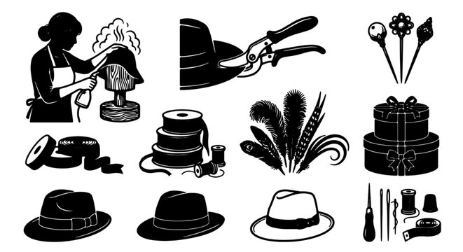 Millinery Craftsmanship Vector Icons: Hat Making Tools, Materials, and Finished Fedoras, Elegant Silhouette Set for Fashion Design and Artisan Crafts