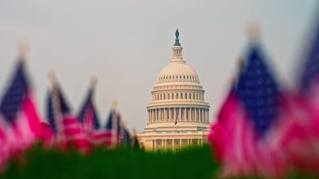 United States federal government concept. Congress representatives senate house. Capitol dome iconic landmark. American constitution and government law. Memorial Day.