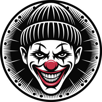 Creepy clown mascot face with beanie hat in vintage black and white vector illustration for logo tattoo and emblem design