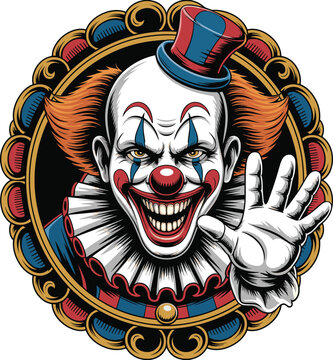 Creepy evil clown vector illustration with scary smile and top hat inside an ornate vintage circus frame
