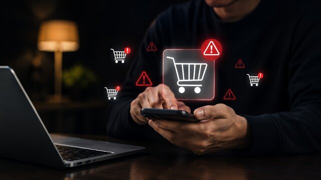 Online Shopping Cart Error Alert with E Commerce Checkout Issue, Digital Purchase Failure, Order Warning Notification and Mobile Retail Security Concept