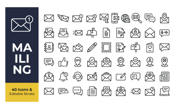 Mailing, email message, and postal communication line icon set