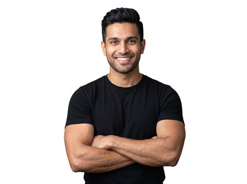 Handsome Indian man smiling confidently in black t shirt with arms crossed