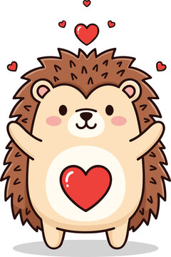 Cute cartoon hedgehog character with a red heart on its belly surrounded by small flying hearts on a white background