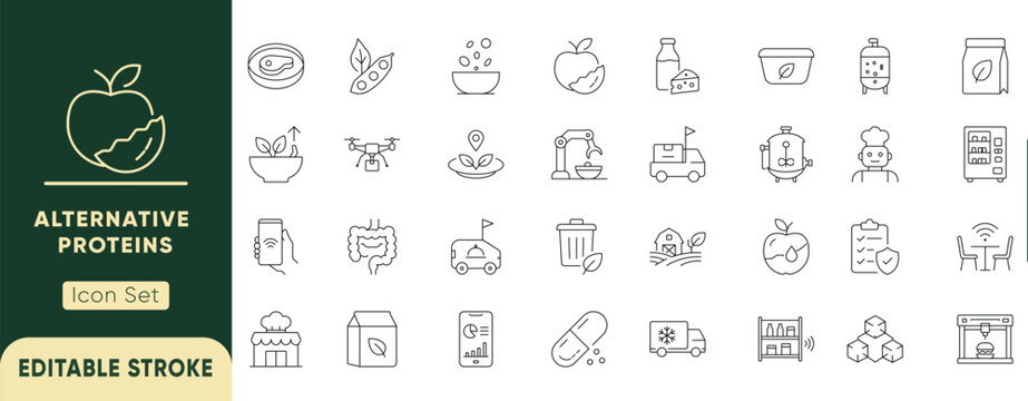 Alternative protein line icon set. Elements for food technology, plant based diet, and agriculture. Editable web icons bioreactor, robot, drone, and farm. Vector illustration.