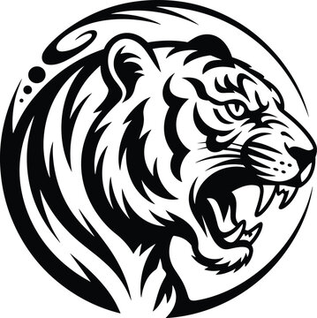 Roaring tiger head roaring profile vector illustration in a circular frame black and white tribal silhouette style