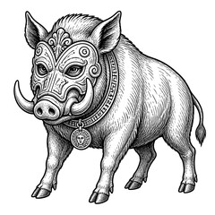Fototapeta premium Intricate ornamental pig illustration in pen drawing.