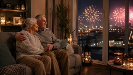 Obraz premium Älteres Paar genießt an Silvester gemeinsam das Feuerwerk durch ein großes Fenster. Gemütliche Wohnatmosphäre, Kerzenlicht und Nähe prägen den Jahreswechsel in Deutschland.