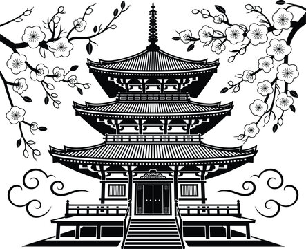 Traditional Japanese pagoda vector illustration with blooming cherry blossom branches black and white asian temple architecture design