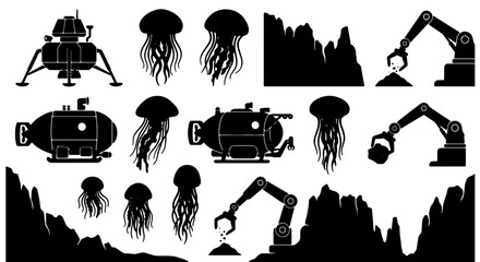 Underwater Exploration Set: Submarine, Lander, Robotic Arms, Jellyfish, and Rocky Terrain Icons © Khairul