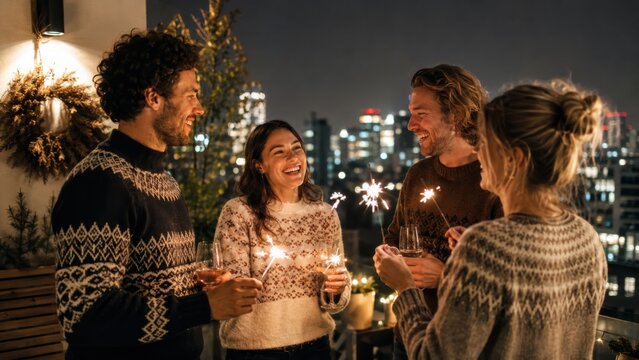 Freunde feiern Silvester auf einer Dachterrasse in Deutschland mit Wunderkerzen und Getr&auml;nken. Stadtlichter, Winterkleidung und fr&ouml;hliche Stimmung begleiten den Jahreswechsel.