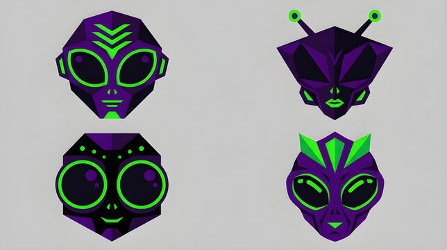 Sci-fi alien head avatars set neon green and purple extraterrestrial vector illustration