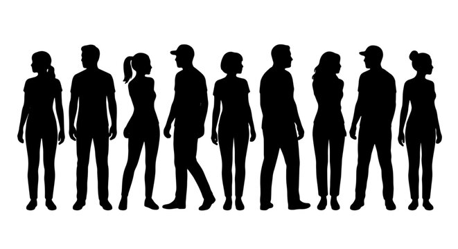 Black silhouettes of people standing in a row, diverse group of men and women figures, flat vector illustration of human crowd profiles