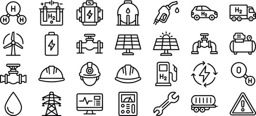 Fototapeta premium Hydrogen energy vector icon set with clean fuel cell technology green power infrastructure electric vehicles and molecular line art elements