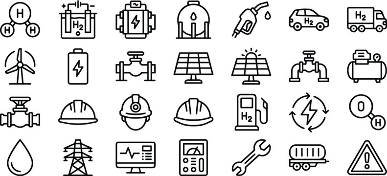 Hydrogen energy vector icon set with clean fuel cell technology green power infrastructure electric vehicles and molecular line art elements