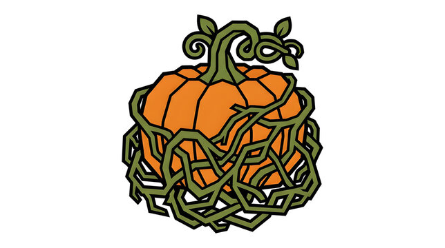 Halloween pumpkin entangled in green thorny vines flat vector illustration