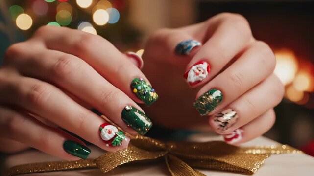 Detailed close-up of female hands featuring Christmas nail art with Santa, reindeer, snowflakes, and candy cane designs against a blurred background of festive tree lights and fireplace.