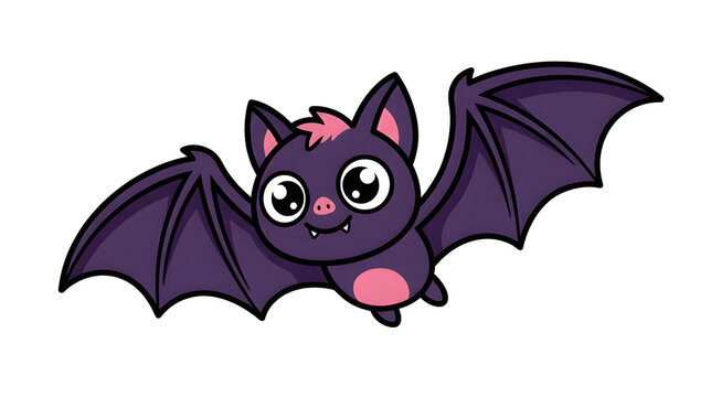 Cute flying purple bat cartoon character with pink wings vector illustration