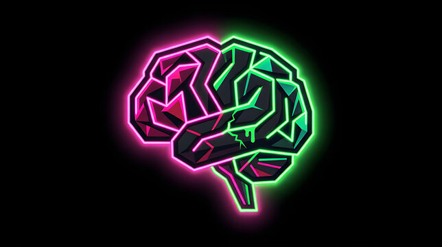 Glowing neon brain cyberpunk geometric lines flat vector illustration