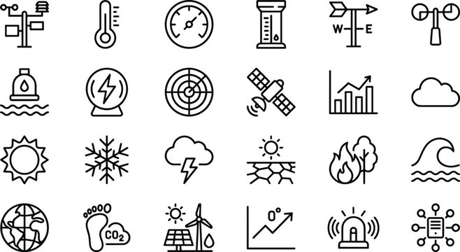 Meteorology vector icon set with weather tracking instruments barometer anemometer wind vane and temperature line art elements