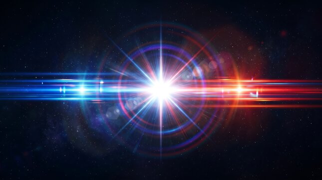 Bright light flare with blue and red rays in dark space
