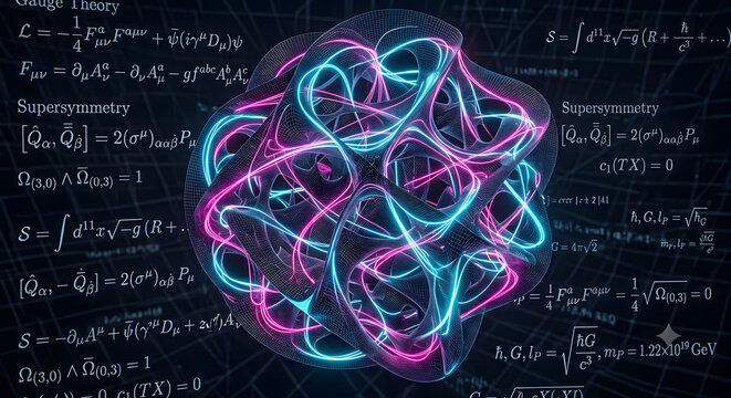 Superstring Theory and 11-Dimensional Calabi-Yau Manifold Matrix with Supersymmetry Equations Concept Art

