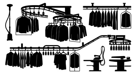 Obraz premium Dry Cleaning and Laundry Service Icons, Garment Care Equipment, Professional Clothing Maintenance Vector Set