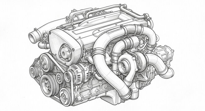 Detailed Technical Sketch Illustration of a Complete Automotive Engine