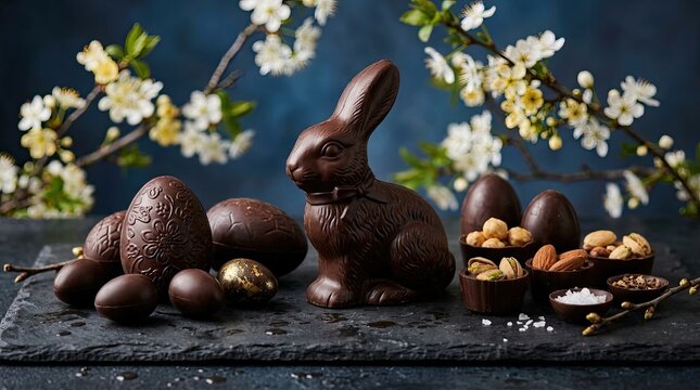 Delicious easter chocolate dark chocolate bunny eggs nuts springtime treat display