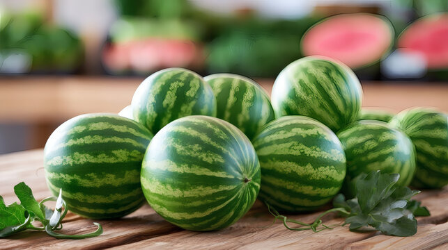 Fresh ripe watermelons with green striped skin on a wooden table. Natural summer fruits in a market setting. Healthy organic food.
