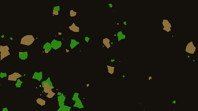 Abstract camouflage pattern with green and brown particles, military style textured background, floating geometric debris on black